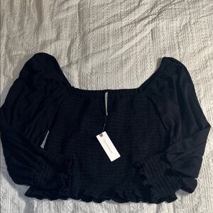 Anthropologie Black Smocked Blouse with long Sleeves off shoulder